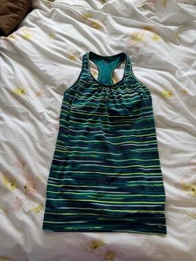 Athleta Lime Green and Navy Blue Striped Athletic Top with bra size small